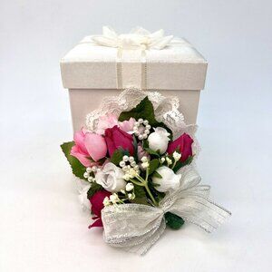 Vintage Faux Rose Corsage Pearls Lace Satin Gift Box 80s 90s Wedding Prom